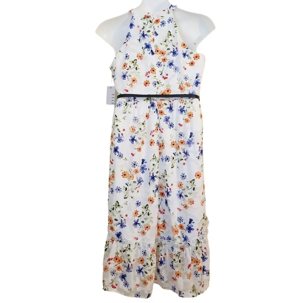 ELLE L‎ Sleeveless Floral Ruffle Halter Belted Dress BLOOMING BEAUTY Hi Low